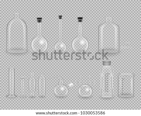 Set of laboratory transparent glassware instruments, test tubes. Layouts, mockup. Dishes for research, beaker, flask, empty equipment for chemical laboratory in realistic style. Vector illustration.