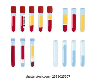 Set of laboratory tubes. Blood vial. Centrifuged. Medical equipment