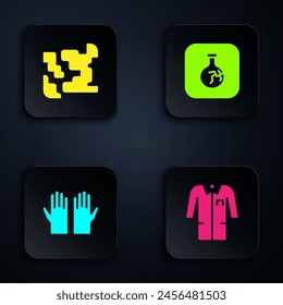 Set Laboratory uniform, Gaseous, Medical rubber gloves and Cracked flask. Black square button. Vector