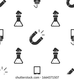 Set Laboratory wash bottle, Magnet and Test tube and flask chemical on seamless pattern. Vector