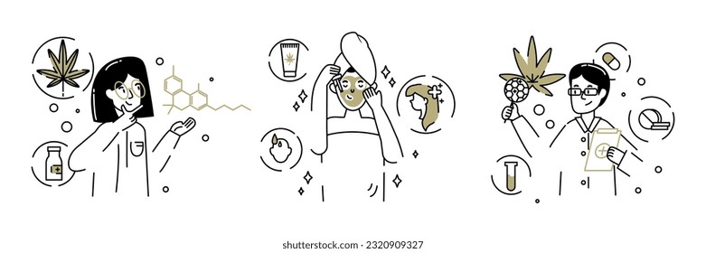 Set of laboratory workers working on cosmetics products with cannabis ingredient. Development of cosmetic products. Female trying face mask in bathroom. Flat line vector illustration