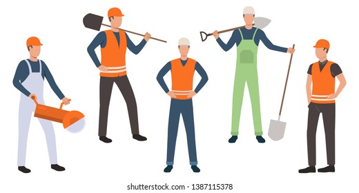 Set of laborers with shovels. Vector illustration of young workers in uniform holding work tools. Can be used for housing project, presentation, promo