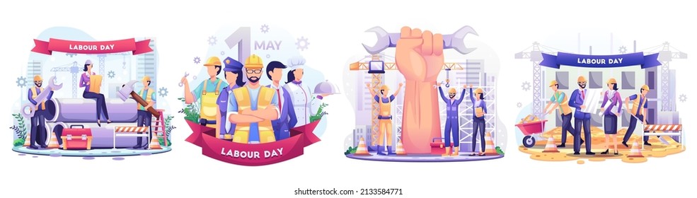 Set of Labour Day with A Group Of People Of Different Professions. Businessman, Chef, Policewoman, construction workers. Flat style vector illustration