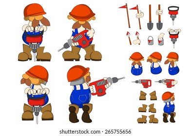 Set of labours with work instruments. Road workers, electricians. Cartoon illustration. Set of elements subjoined, you can construct your own new digger or painter characters.