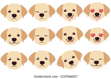 Set of Labrador retriever dog emotions. Funny Smiling and angry, sad and delight dog. Face of dog cartoon emoji. Illustration about kawaii animal and pet in flat vector style.