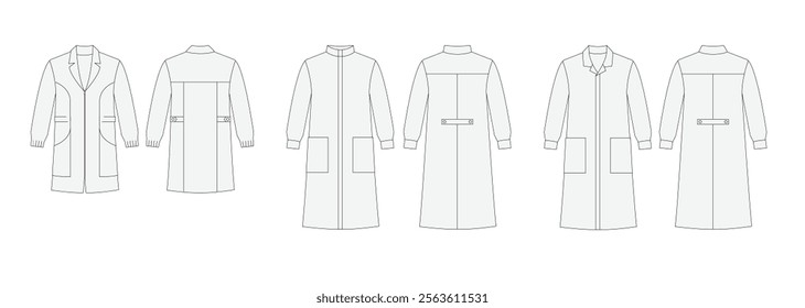 Set of labroatorium coat uniform, template mockup design, long coat, professional specialist medical clothes, vector flat illustration