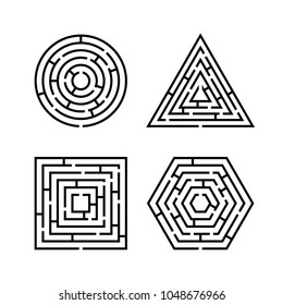 Set of Labyrinth Different Shapes for Game. Maze square, round, hexagon and triangle puzzle riddle logic game concept. Business sign. Vector illustration isolated on white