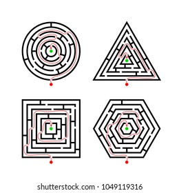 Set of Labyrinth Different Shapes for Game with with the marker correct route. Maze square, round, hexagon and triangle puzzle riddle logic game concept. Business sign. Vector illustration isolated