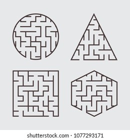 A set of labyrinths for children. A square, a circle, a hexagon, a triangle. A simple flat vector illustration isolated on a gray background