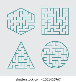 A set of labyrinths for children. A square, a circle, a hexagon, a triangle. A simple flat vector illustration isolated on a gray background