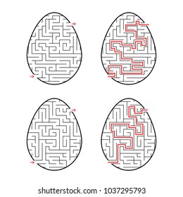 A set of labyrinths in the form of eggs. Black Stroke. A game for children. With the answer. Simple flat vector illustration isolated on white background.