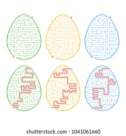 A set of labyrinths in the form of eggs. A stroke of different colors. A game for children. With the answer. Simple flat vector illustration isolated on white background.