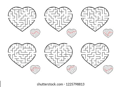 A set of labyrinths of hearts. Game for kids. Puzzle for children. Labyrinth conundrum. Flat vector illustration isolated on white background.