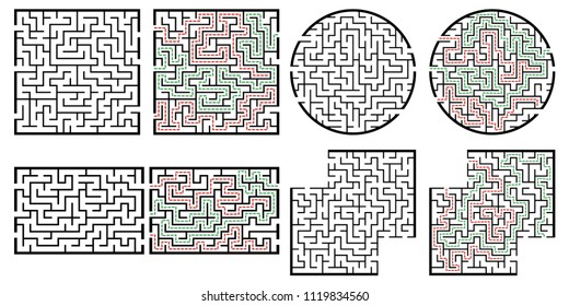 Set of labyrinths, mazes conundrums for kids. Baby puzzles with entry and exit. Children riddle games.