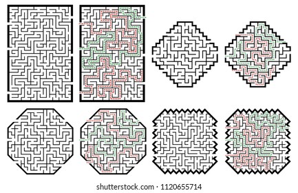 Set of labyrinths, mazes conundrums for kids. Baby puzzles with entry and exit. Children riddle games.