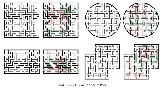 Set of labyrinths, mazes conundrums for kids. Baby puzzles with entry and exit. Children riddle games.