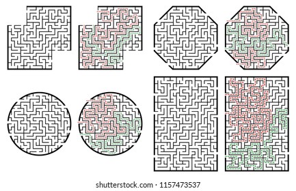 Set of labyrinths, mazes conundrums for kids. Baby puzzles with entry and exit. Children riddle games.