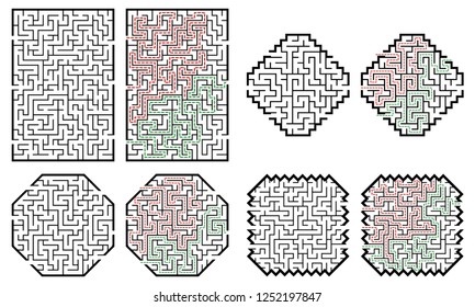 Set of labyrinths, mazes conundrums for kids. Baby puzzles with entry and exit. Children riddle games.