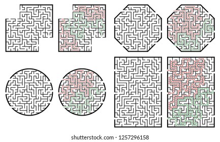 Set of labyrinths, mazes conundrums for kids. Baby puzzles with entry and exit. Children riddle games.