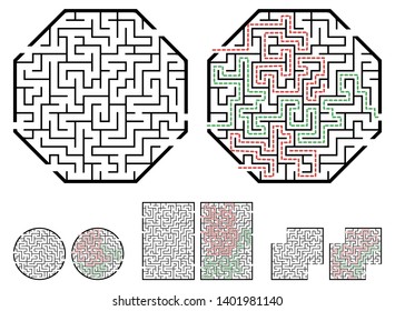 Set of labyrinths, mazes conundrums for kids. Baby puzzles with entry and exit. Children riddle games.