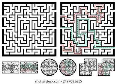 Set of labyrinths, mazes conundrums for kids. Baby puzzles with entry and exit. Children riddle games.