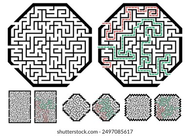 Set of labyrinths, mazes conundrums for kids. Baby puzzles with entry and exit. Children riddle games.