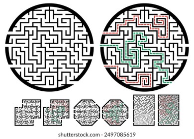 Set of labyrinths, mazes conundrums for kids. Baby puzzles with entry and exit. Children riddle games.