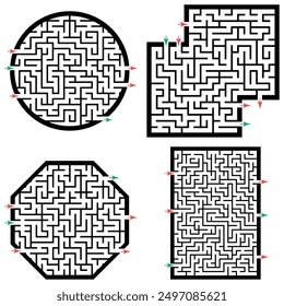 Set of labyrinths, mazes conundrums for kids. Baby puzzles with entry and exit. Children riddle games.