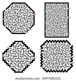 Set of labyrinths, mazes conundrums for kids. Baby puzzles with entry and exit. Children riddle games.