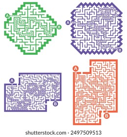 Set of labyrinths, mazes conundrums for kids. Baby puzzles with entry and exit. Children riddle games.