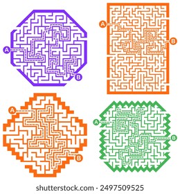 Set of labyrinths, mazes conundrums for kids. Baby puzzles with entry and exit. Children riddle games.