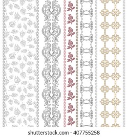 Set of lace bohemian borders on white background. Oriental motifs. Art deco textile collection.