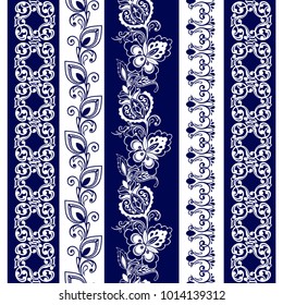 Set of Lace Bohemian Seamless Borders. Stripes with Blue Floral Motifs. Decorative ornament backdrop for fabric, textile, wrapping paper.