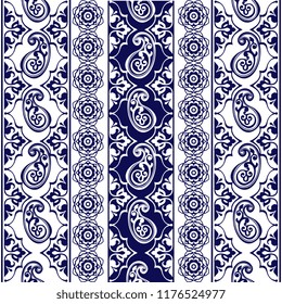 Set of Lace Bohemian Seamless Borders. Stripes with Blue Floral Motifs, Roses, Paisleys. Decorative ornament backdrop for fabric, textile, wrapping paper.