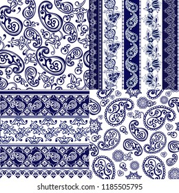Set of Lace Bohemian Seamless Borders. Indigo dye printed traditional paisley pattern. Decorative ornament backdrop for fabric, textile, wrapping paper.