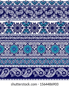 Set of Lace Bohemian Seamless Borders. Stripes with Blue Floral Motifs. Floral wallpaper. Decorative ornament for fabric, textile, wrapping paper. Indigo paisley pattern.
