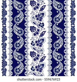 Set of Lace Bohemian Seamless Borders. Stripes with Blue Floral Motifs, Roses, Paisleys. Decorative ornament backdrop for fabric, textile, wrapping paper.