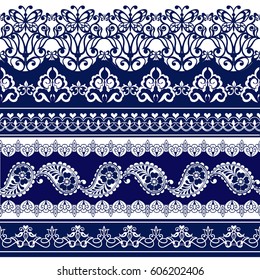 Set of Lace Bohemian Seamless Borders. Stripes with Blue Floral Motif, Paisleys. Decorative ornament backdrop for fabric, textile, wrapping paper.