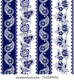 Set of Lace Bohemian Seamless Borders. Stripes with Blue Floral Motifs. Floral wallpaper. Decorative ornament for fabric, textile, wrapping paper.