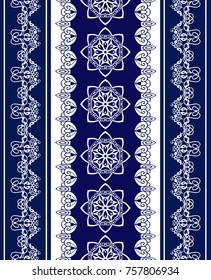 Set of Lace Bohemian Seamless Borders. Stripes with Blue Floral Motifs. Floral wallpaper. Decorative ornament for fabric, textile, wrapping paper.