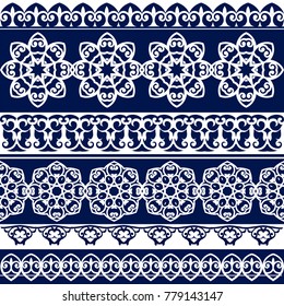 Set of Lace Bohemian Seamless Borders. Stripes with Blue Floral Motifs. Decorative ornament backdrop for fabric, textile, wrapping paper.