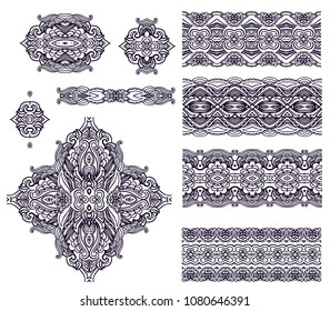 Set of  lace border ornaments, decorative vignettes, ornamental shapes on white background