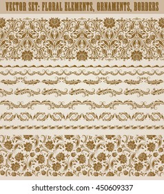 Set of lace borders for design ornate invitation, greeting, wedding, gift card, certificate, diploma, voucher. Seamless floral damask ornament. Page decoration in vintage style. Vector illustration.