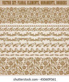 Set of lace borders for design ornate invitation, greeting, wedding, gift card, certificate, diploma, voucher. Seamless floral damask ornament. Page decoration in vintage style. Vector illustration.