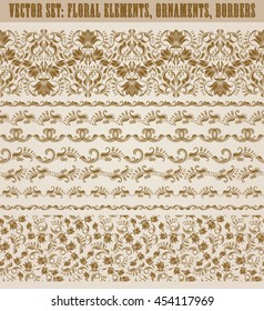 Set of lace borders for design ornate invitation, greeting, wedding, gift card, certificate, diploma, voucher. Seamless floral damask ornament. Page decoration in vintage style. Vector illustration.