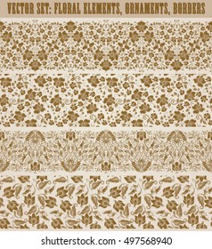 Set of lace borders for design ornate invitation, greeting, wedding, gift card, certificate, diploma, voucher. Seamless floral damask ornament. Page decoration in vintage style. Vector illustration.