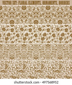 Set of lace borders for design ornate invitation, greeting, wedding, gift card, certificate, diploma, voucher. Seamless floral damask ornament. Page decoration in vintage style. Vector illustration.