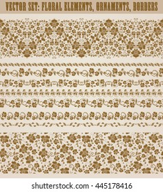 Set of lace borders for page design of invitation, greeting, wedding, gift card, certificate, diploma, voucher. Seamless damask ornament. Page decoration in vintage style. Vector illustration.