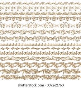 Set of lace borders for page, web design of invitation, greeting, wedding, gift card, certificate, diploma, voucher. Seamless damask ornament. Page decoration in vintage style. Vector illustration.
