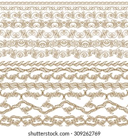 Set of lace borders for page, web design of invitation, greeting, wedding, gift card, certificate, diploma, voucher. Seamless damask ornament. Page decoration in vintage style. Vector illustration.